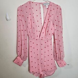 Finders Keepers Low VNeck Mesh Sleeve Floral Print Romper Women's Pink Red Size